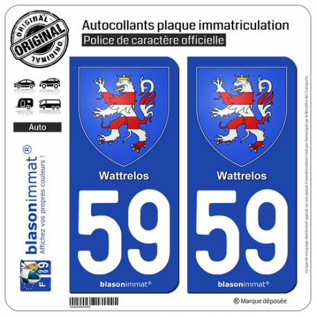 2 Autocollants plaque immatriculation Auto 59 Wattrelos - Armoiries