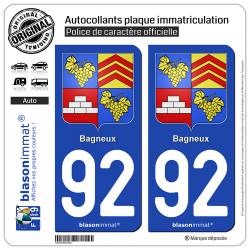2 Autocollants plaque immatriculation Auto 92 Bagneux - Armoiries