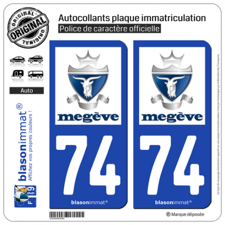 2 Autocollants plaque immatriculation Auto 74 Megève - Commune