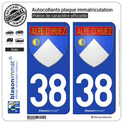 2 Autocollants plaque immatriculation Auto 38 Alpe d'Huez - Armoiries