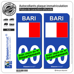 2 Autocollants plaque immatriculation Auto Bari Ville - Drapeau