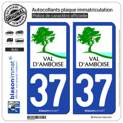 2 Autocollants plaque immatriculation Auto 37 Val d'Amboise - Agglo