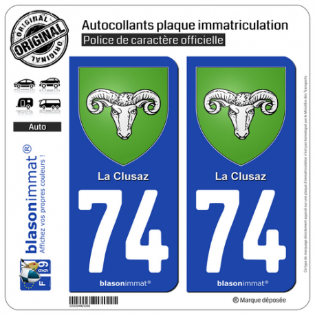2 Autocollants plaque immatriculation Auto 74 La Clusaz - Armoiries
