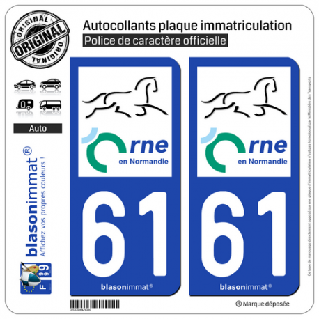 2 Autocollants plaque immatriculation Auto 61 Orne - Département