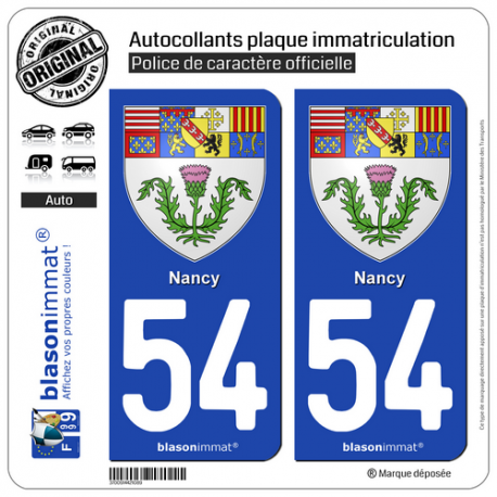 2 Autocollants plaque immatriculation Auto 54 Nancy - Armoiries