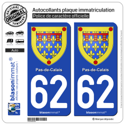 2 Autocollants plaque immatriculation Auto 62 Pas-de-Calais - Armoiries