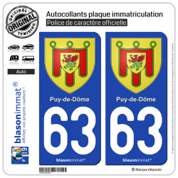 2 Autocollants plaque immatriculation Auto 63 Puy-de-Dôme - Armoiries