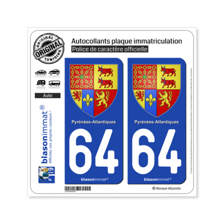 2 Autocollants plaque immatriculation Auto 64 Pyrénées-Atlantiques - Armoiries