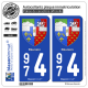 2 Autocollants plaque immatriculation Auto 974 Réunion - Armoiries