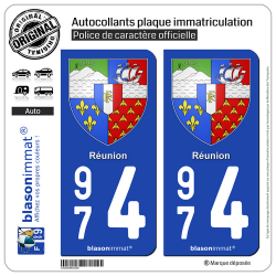 2 Autocollants plaque immatriculation Auto 974 Réunion - Armoiries