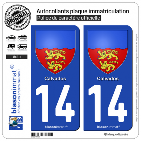 2 Autocollants plaque immatriculation Auto 14 Calvados - Armoiries