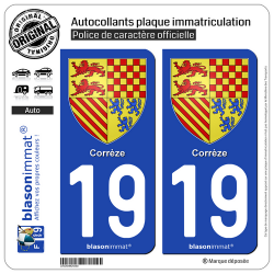 2 Autocollants plaque immatriculation Auto 19 Corrèze - Amoiries