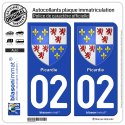 2 Autocollants plaque immatriculation Auto 02 Picardie - Armoiries