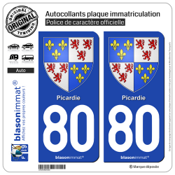 2 Autocollants plaque immatriculation Auto 80 Picardie - Armoiries