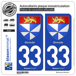 2 Autocollants plaque immatriculation Auto 33 Gironde - Armoiries