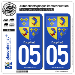 2 Autocollants plaque immatriculation Auto 05 Dauphiné - Armoiries