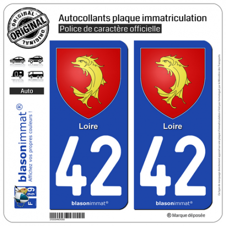 2 Autocollants plaque immatriculation Auto 42 Loire - Armoiries