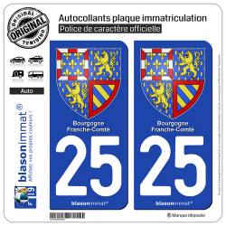 2 Autocollants plaque immatriculation Auto 25 Bourgogne-Franche-Comté - Armoiries