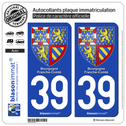 2 Autocollants plaque immatriculation Auto 39 Bourgogne-Franche-Comté - Armoiries