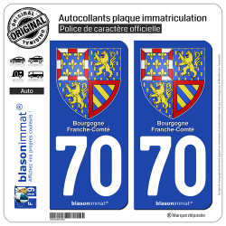 2 Autocollants plaque immatriculation Auto 70 Bourgogne-Franche-Comté - Armoiries