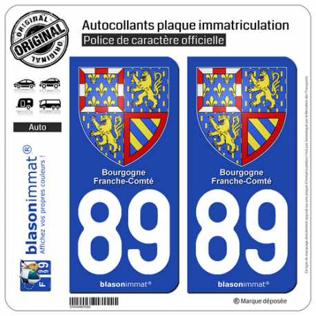 2 Autocollants plaque imatriculation Auto 89 Bourgogne-Franche-Comté - LogoType