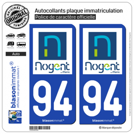 2 Autocollants plaque immatriculation Auto 94 Nogent-sur-Marne - Ville