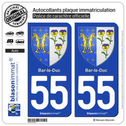 2 Autocollants plaque immatriculation Auto 55 Bar-le-Duc - Armoiries