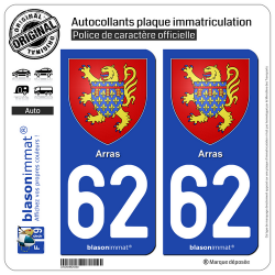 2 Autocollants plaque immatriculation Auto 62 Arras - Armoiries
