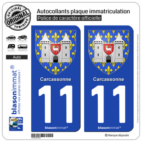 2 Autocollants plaque immatriculation Auto 11 Carcassonne - Armoiries
