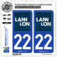 2 Autocollants plaque immatriculation Auto 22 Lannion - Ville