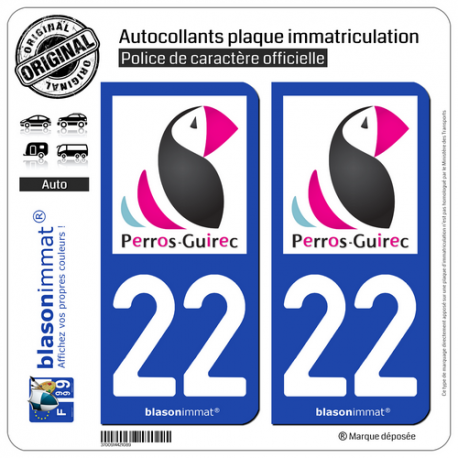 2 Autocollants plaque immatriculation Auto 22 Perros-Guirec - Commune