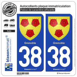 2 Autocollants plaque immatriculation Auto 38 Grenoble - Armoiries