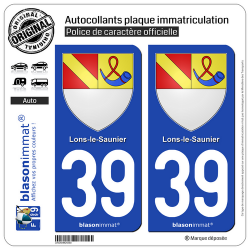 2 Autocollants plaque immatriculation Auto 39 Lons-le-Saunier - Armoiries