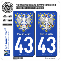 2 Autocollants plaque immatriculation Auto 43 Puy-en-Velay - Armoiries
