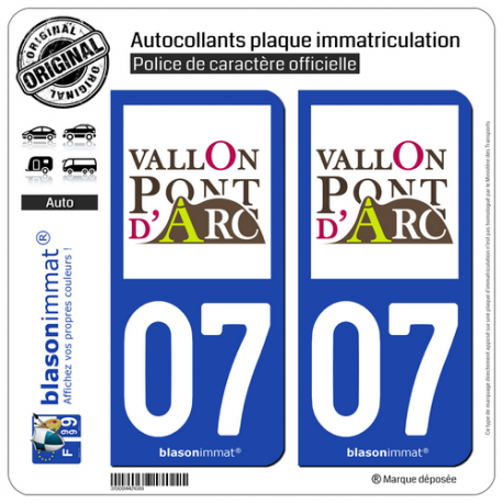 2 Autocollants plaque immatriculation Auto 07 Vallon-Pont-d'Arc - Commune