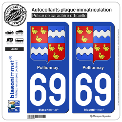 2 Autocollants plaque immatriculation Auto 69 Pollionnay - Armoiries