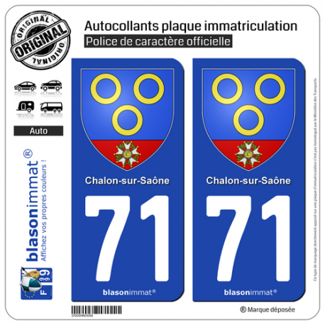 2 Autocollants plaque immatriculation Auto 71 Chalon-sur-Saône - Armoiries
