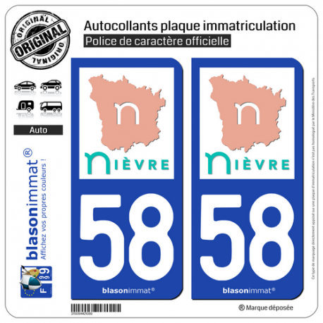 2 Autocollants plaque immatriculation Auto 58 Nièvre - Tourisme