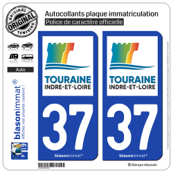 2 Autocollants plaque immatriculation Auto 37 Indre-et-Loire - Département