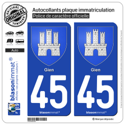 2 Autocollants plaque immatriculation Auto 45 Gien - Armoiries