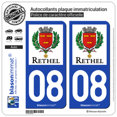 2 Autocollants plaque immatriculation Auto 08 Rethel - Ville