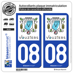 2 Autocollants plaque immatriculation Auto 08 Vouziers - Ville