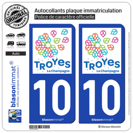 2 Autocollants plaque immatriculation Auto 10 Troyes - Tourisme