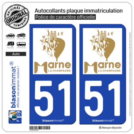 2 Autocollants plaque immatriculation Auto 51 Marne - Tourisme