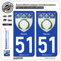2 Autocollants plaque immatriculation Auto 51 Reims - Armoiries