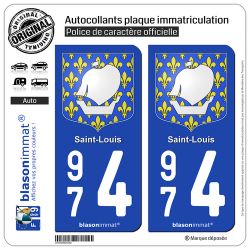 2 Autocollants plaque immatriculation Auto 974 Saint-Louis - Armoiries