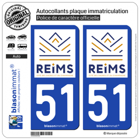 2 Autocollants plaque immatriculation Auto 51 Reims - Tourisme