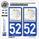 2 Autocollants plaque immatriculation Auto 52 Chaumont - Pays