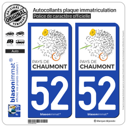 2 Autocollants plaque immatriculation Auto 52 Chaumont - Pays