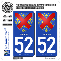 2 Autocollants plaque immatriculation Auto 52 Langres - Armoiries